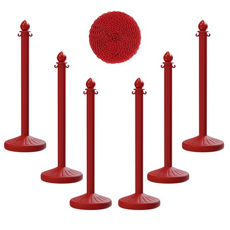 Montour Line Red Plastic Stanchion (6 pack), 2.5 in Diameter, and 50 Ft of Chain PLS-RD-25-6-50